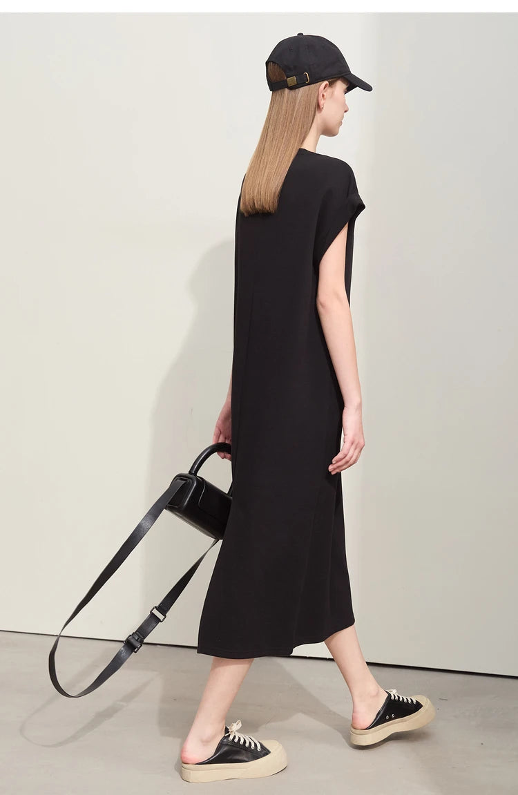 Damen Kleid für Sommer neue lässige O-Ausschnitt Kurzarm Midi gerade Perlen Stickerei Kleid Dame