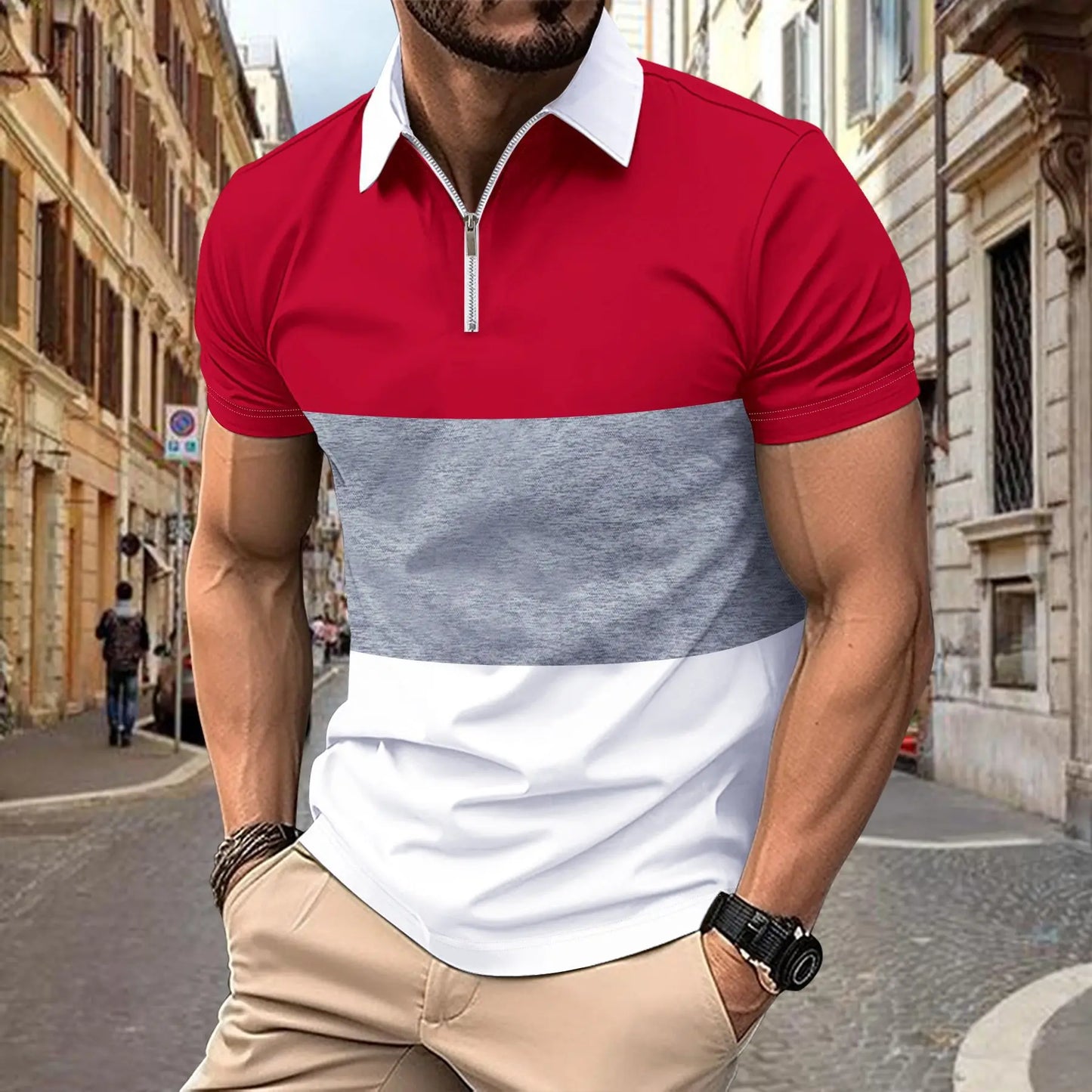 Kurzärmeliges Herren-Poloshirt mit Stehkragen im Camouflage-Design – lässig und in großen Größen erhältlich.