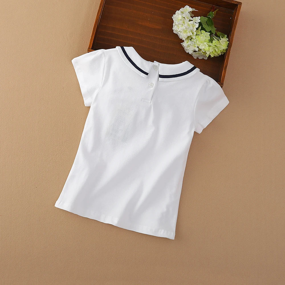 Mädchen T-shirt Sommer Baumwolle Tennis Kleidung für 4-10Y Kinder Drehen-unten Kragen Bogen Tops Kurzen Ärmeln Casual Tee