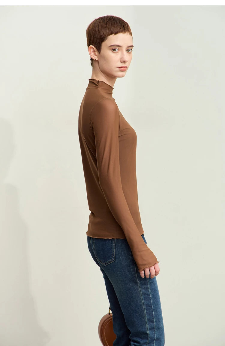 Damen Mesh-T-Shirt im minimalistischen Design mit halbhohem Ausschnitt