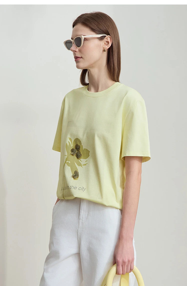 Damen T-Shirt mit minimalistischem O-Ausschnitt und Pailletten-Verzierung