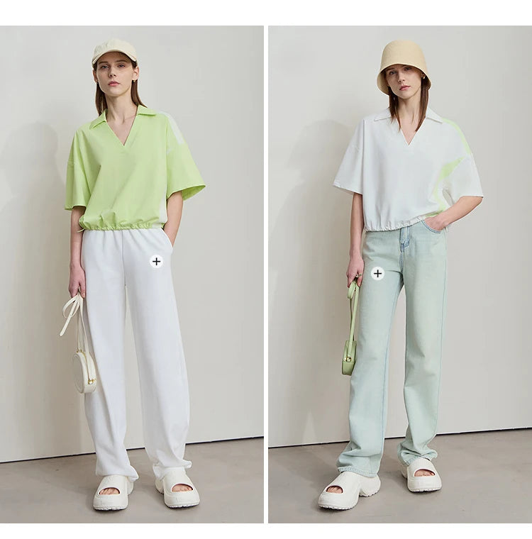 Damen T-Shirts im minimalistischen Stil mit neuem V-Ausschnitt und kurzen Ärmel