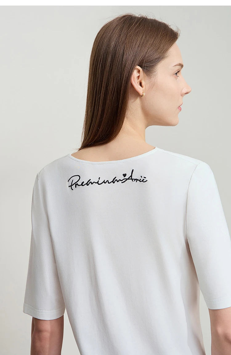 Damen T-Shirt mit drapierter Kragen- und besticktem Design aus modalem Strick