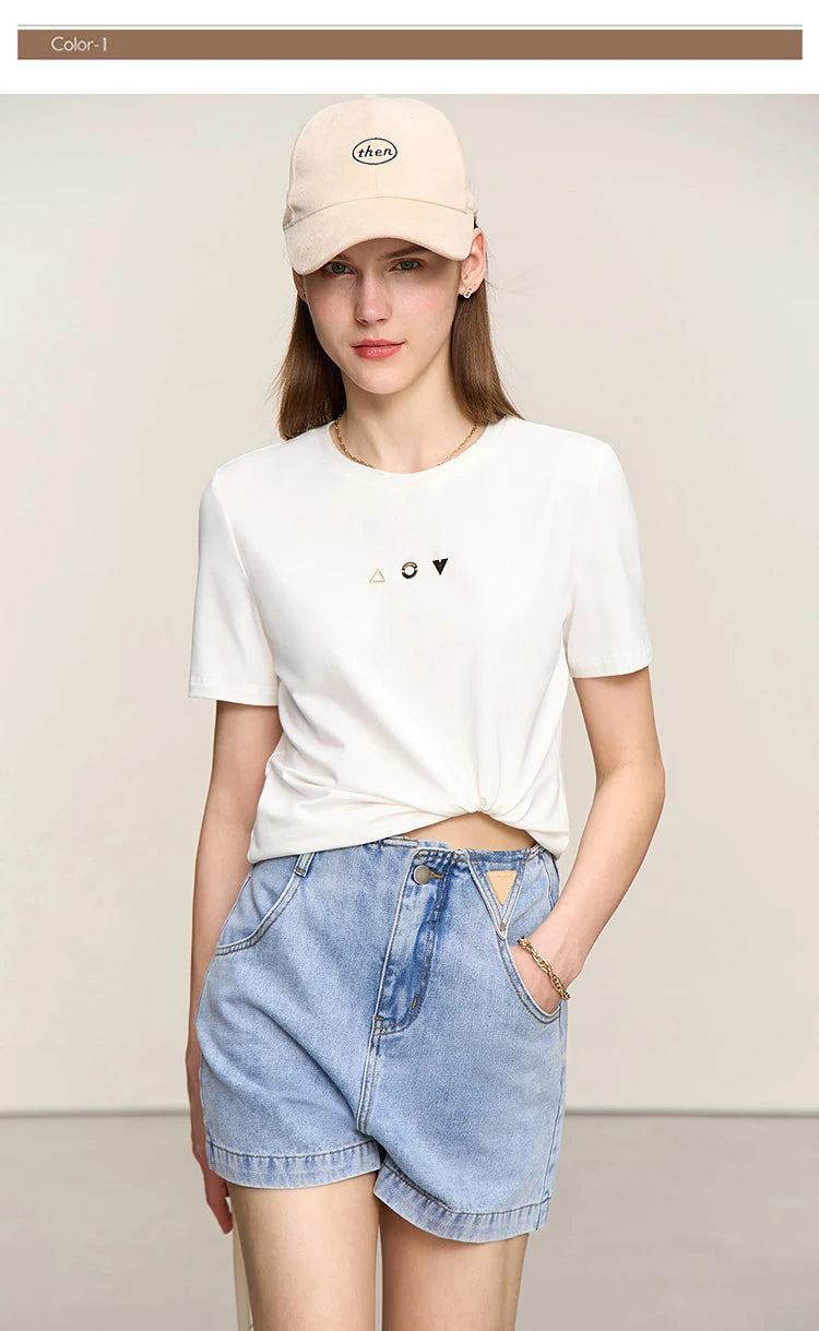 Damen T-Shirt mit O-Ausschnitt und geometrischer Dekoration aus antibakterieller Baumwolle