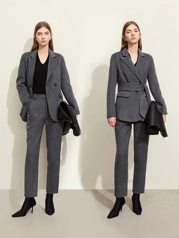 Damen Wollmantel im Minimalismus-Stil für Büro und Winter mit Taschen