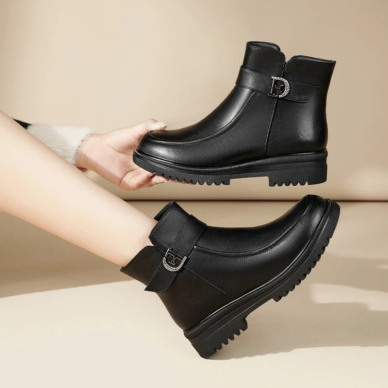 Damen Schneestiefel aus echtem Leder mit rutschfester Sohle und Wolle