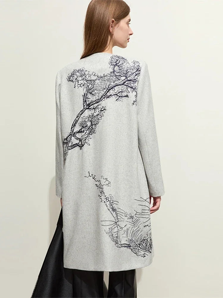 Damen Wollmantel im minimalistischen chinesischen Stil mit eleganter Stickerei