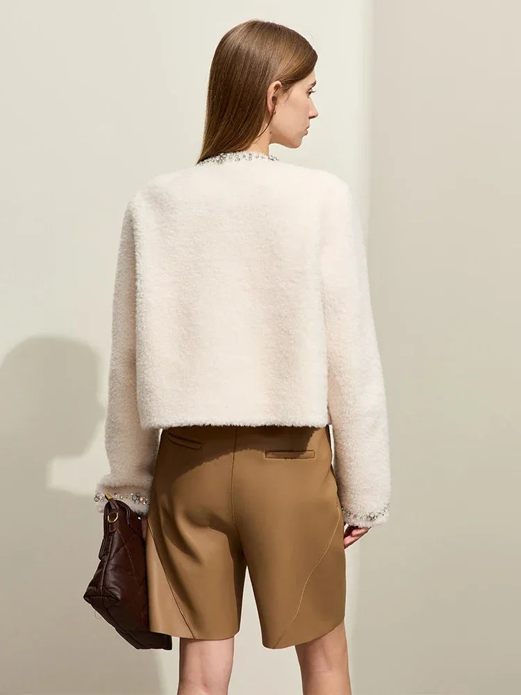 Damen Pelzmantel im neuen Luxus-Stil mit Rundhalsausschnitt und Taschen