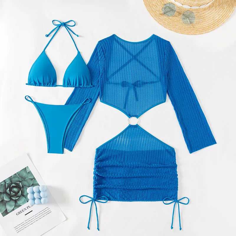 Dreiteiliger Damen-Bikini mit sexy Print und hoch tailliertem Design – ideal für Strand und Pool