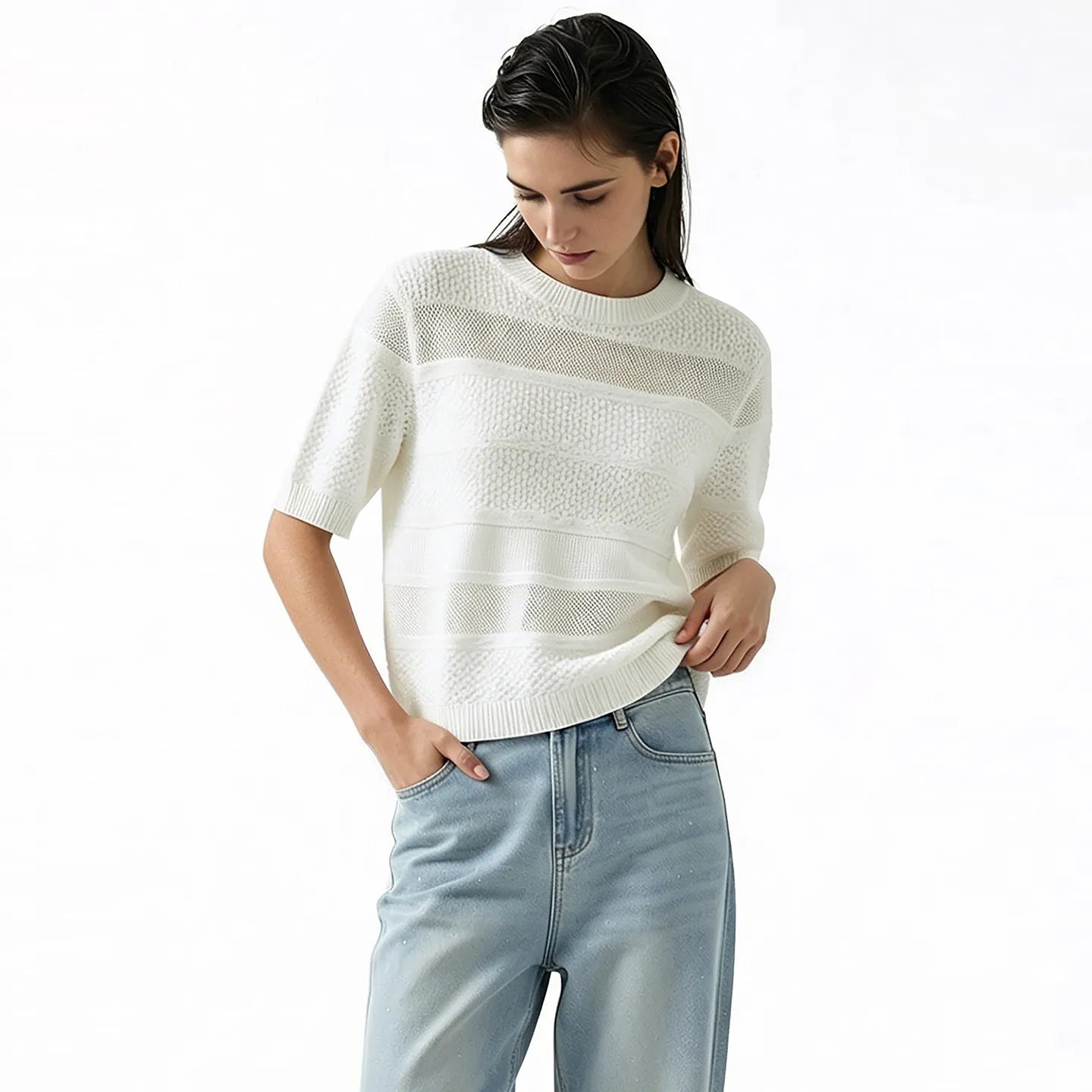 Damen-Rundhalspullover Kurzarm Crop Viskose locker Sommer