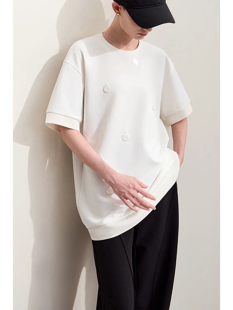 Damen T-Shirts im Minimalismus-Stil mit losem Patchwork und Dekoration
