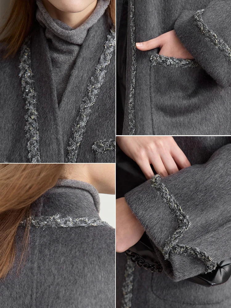 Damen Wollmantel im minimalistischen Design mit Gürtel und Taschen