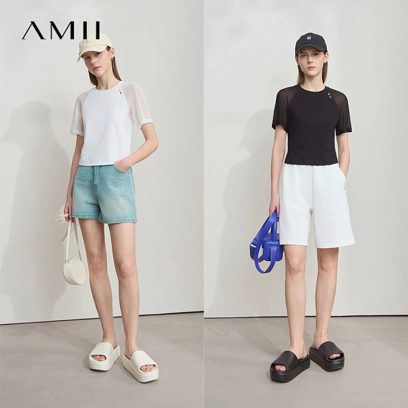 Damen T-Shirt im Casual-Stil mit gesticktem Rundhals und kurzen Ärmeln