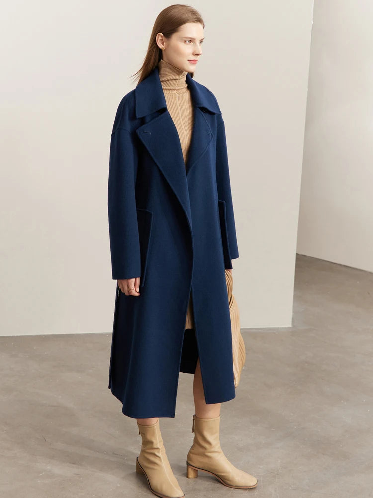 Frauen Mantel aus 100 Prozent Wolle im eleganten Koreanischen Stil mit Gürtel