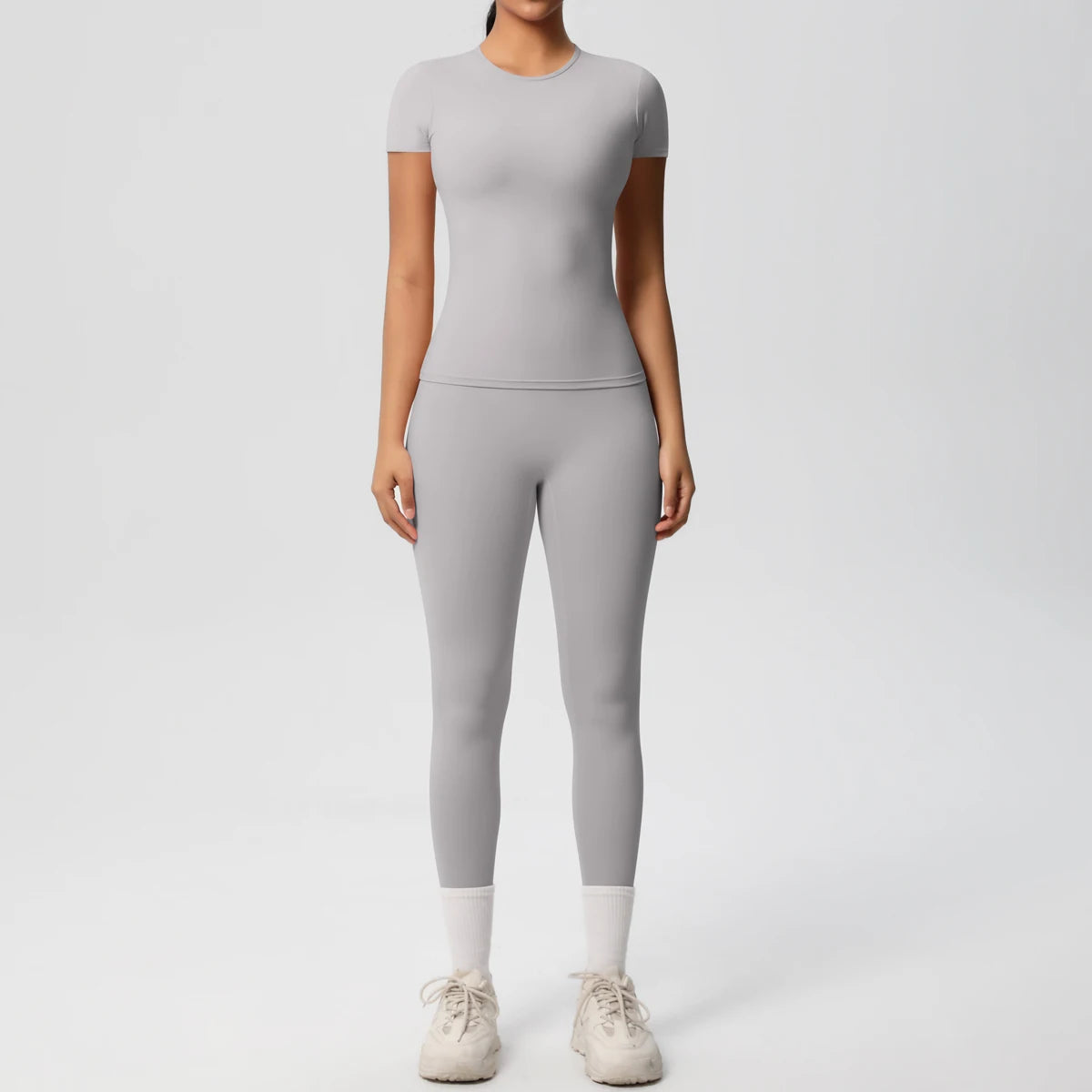 Sport-Crop-Top und Leggings im Set, hellgrau, kurzarm, slim fit
