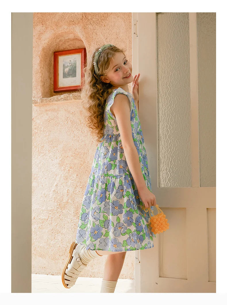 Langärmliges Prinzessinnenkleid aus Gaze in Tiefblau und Rot für Mädchen – Perfekt für Geburtstagsfeiern und Hochzeiten (3-14 Jahre)