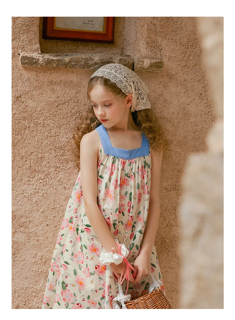 Sommerkleid für Mädchen aus 100% Baumwolle mit kurzen Ärmeln und niedlichem blauen Blumenmuster – geeignet für Kinder von 3 bis 14 Jahren (110cm-170cm)