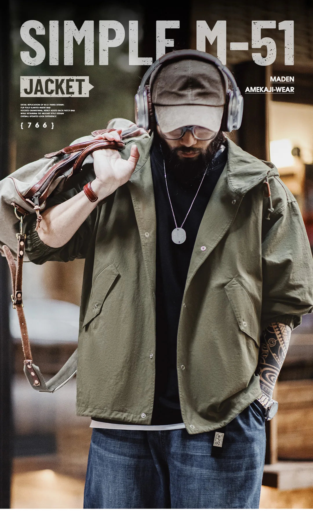 Herren Kapuzenjacke Vintage Grün Lockere Taschen Versteckte Knopfleiste