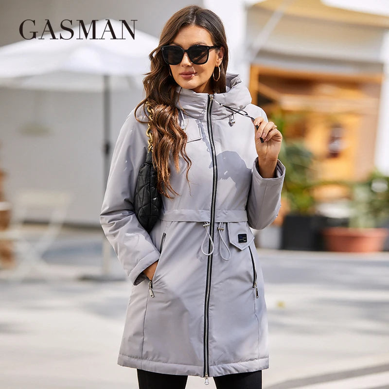 Mittellanger Damen-Daunenmantel mit Reißverschluss, großen Taschen und Stehkragen – Kapuzenparka im klassischen Design