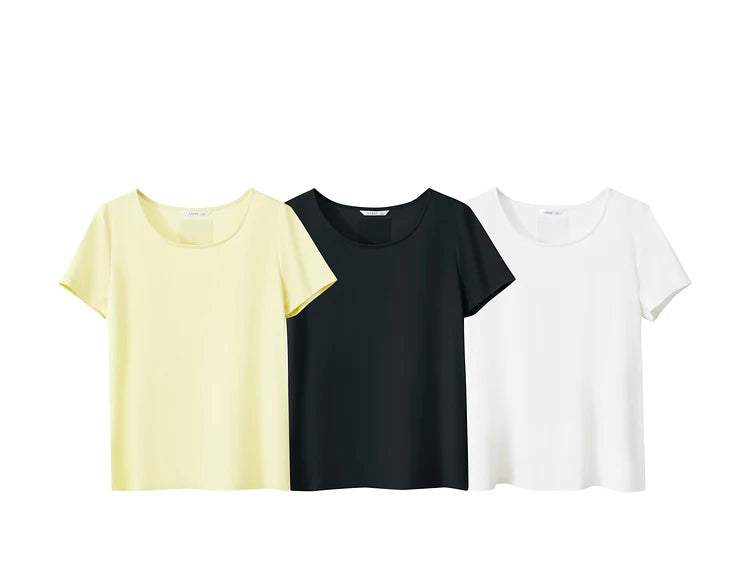 Damen T-Shirt im minimalistischen Stil mit großem U-Ausschnitt und kurzen Ärmeln