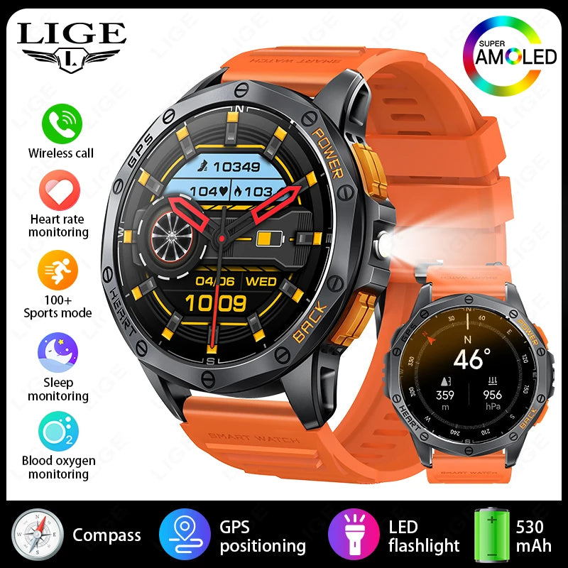 LIGE Military GPS Smart Uhr Männer AMOLED HD Bildschirm Bluetooth Anruf Herzfrequenz LED Taschenlampe Kompass 530 mAh Smartwatches 2025 neue