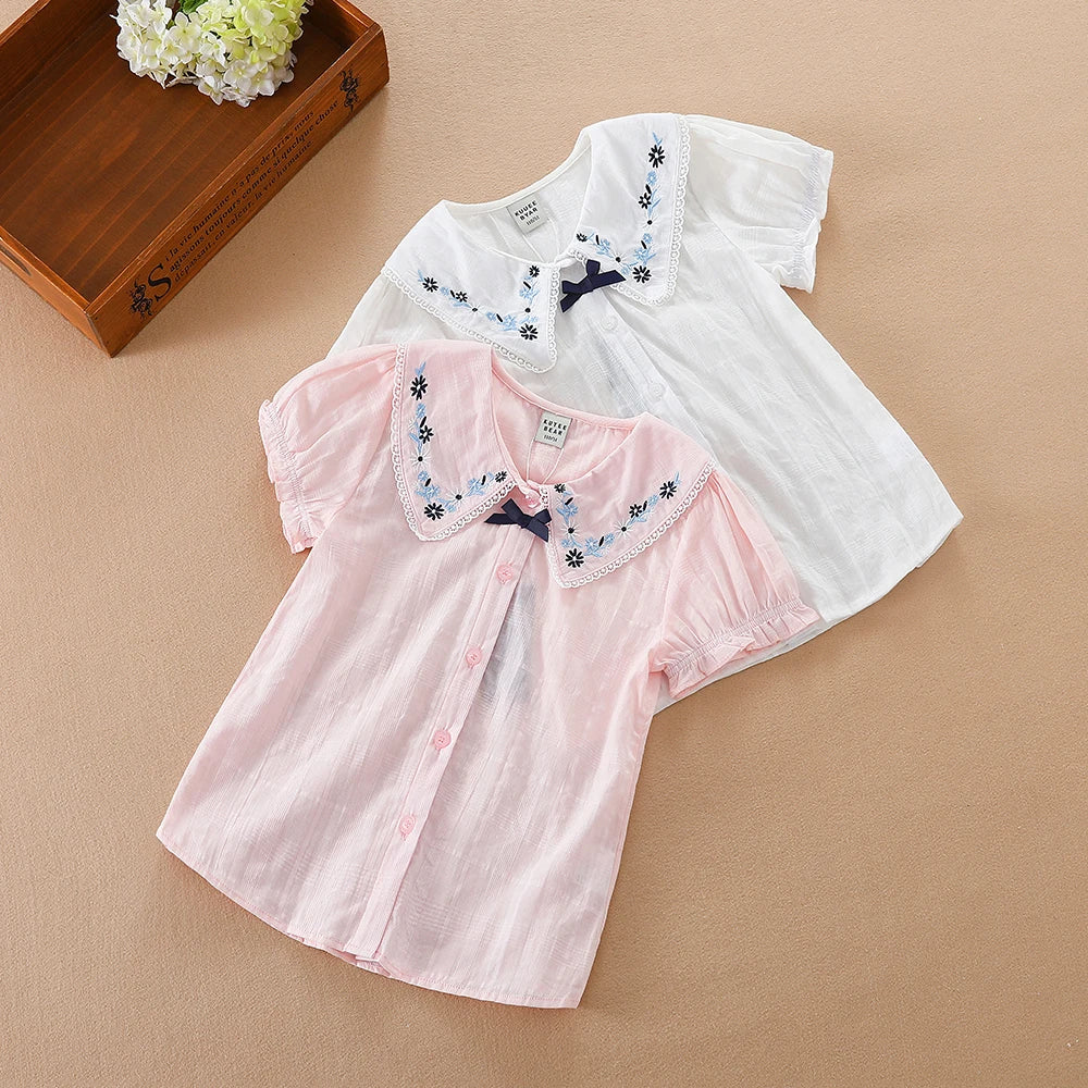 Mädchen Bluse Shirts Sommer Kurzarm Baumwolle Schöne Spitze Kausalen Weiß Tops Kinder Hohe Qualität Kleidung