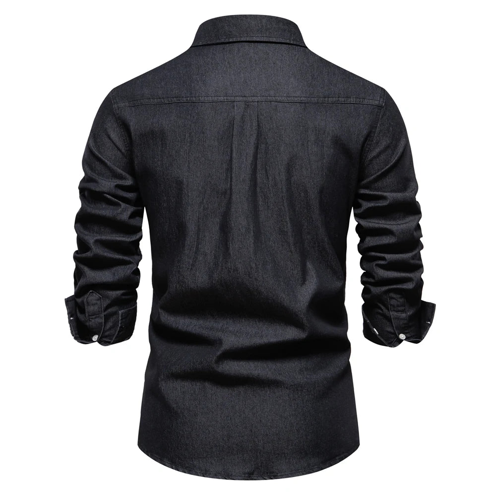 Herren Hemd aus Baumwolle im einfarbigen Denim-Look mit Tasche