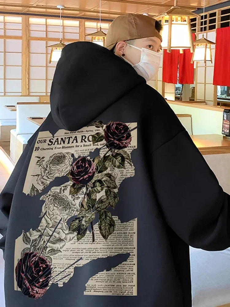 Herbst Goth Rose Grafik Druck männer Hoodies Hip Hop Mode Y2K Streetwear Kleidung Casual Fleece Lose Pullover Sweatshirts