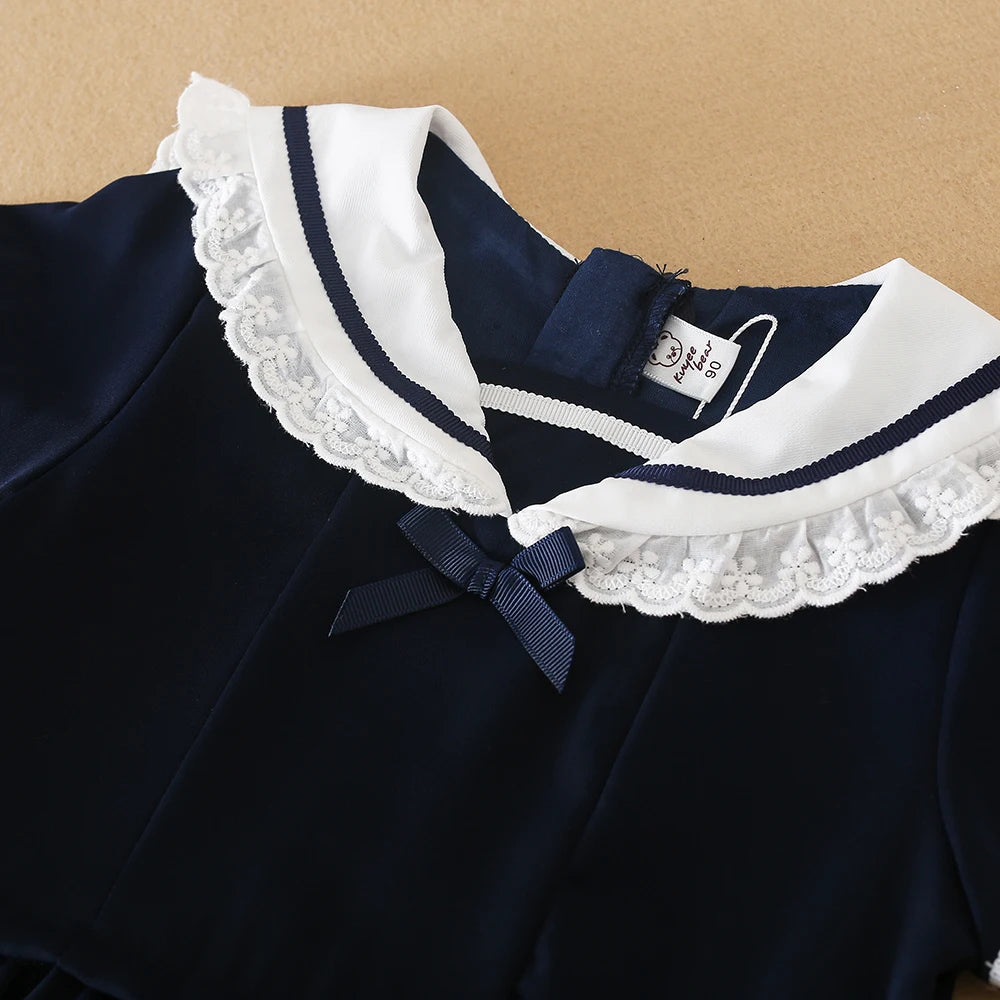 Mädchen-Sommerkleid, 100 % Baumwolle, marineblaue Kleidung für Kinder im Alter von 2–6 Jahren, mit weißem Kragen, kurzen Ärmeln, Kinderkleider
