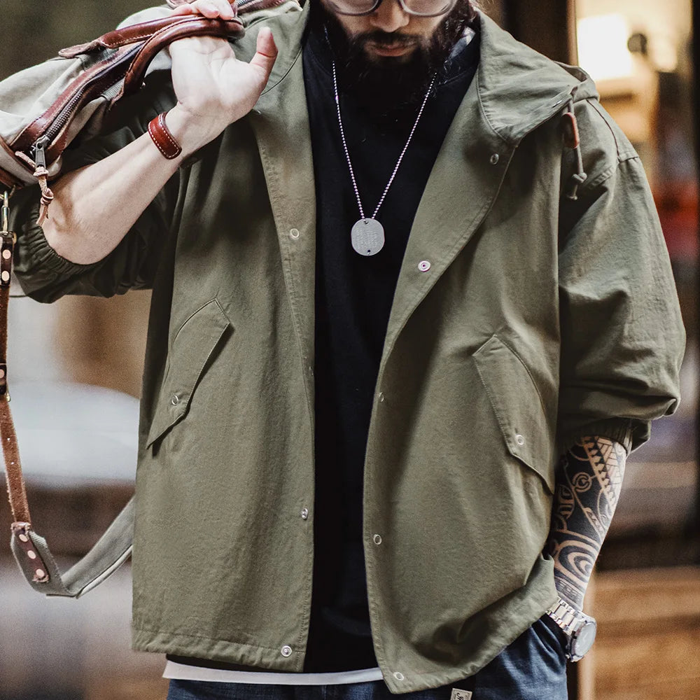 Herren Kapuzenjacke Vintage Grün Lockere Taschen Versteckte Knopfleiste