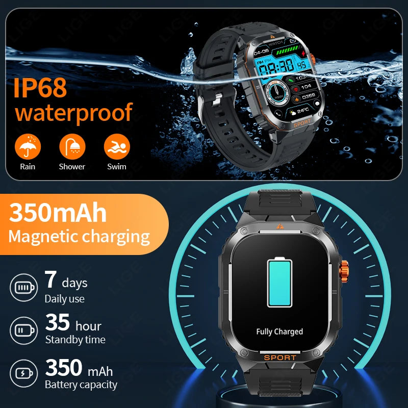 LIGE Military Taschenlampe Smart Uhr Wasserdicht Herzfrequenz Fitness Sport Anruf Erinnerung Smartwatch Für IOS Android Telefon 2025