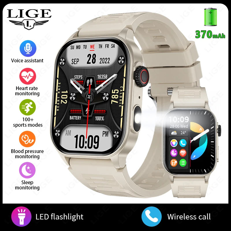 LIGE Neue Smartwatch für Herren, robust, Militär, Bluetooth, Anruf, Sport, Herzfrequenz, IP68, wasserdicht, Outdoor-Smartwatches mit Taschenlampe