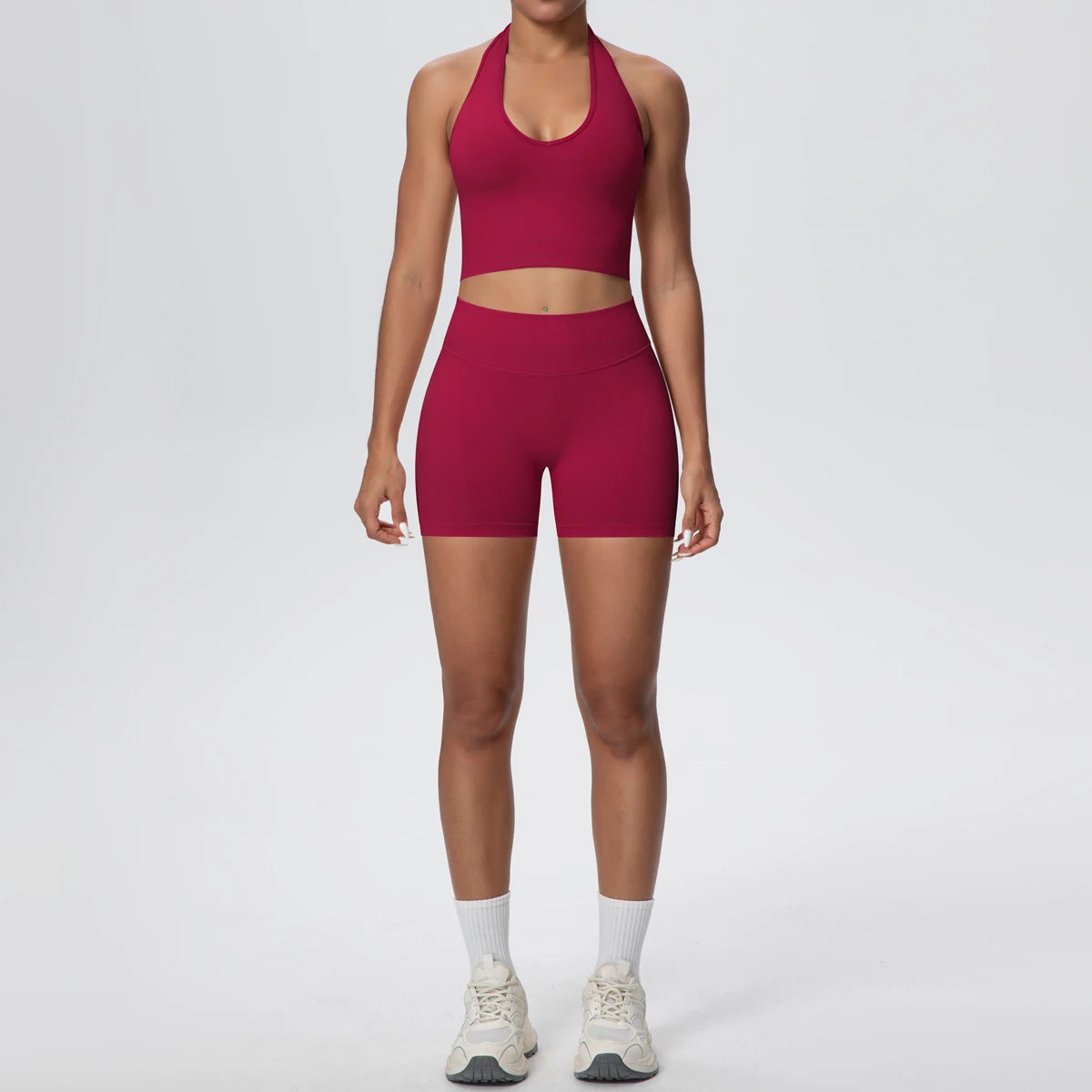 Damen Yoga-Set aus Bustier und High-Waist-Shorts, dunkelrot, ärmellos