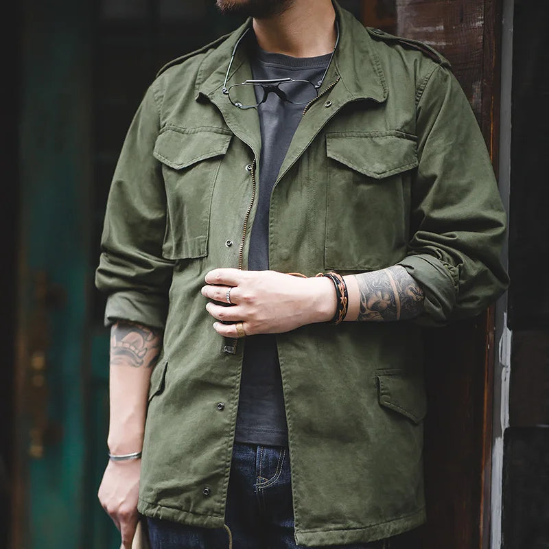 Herren Feldjacke Grüne Vintage-Armeejacke Lässige Windjacke Reverskragen Taschen Mantel