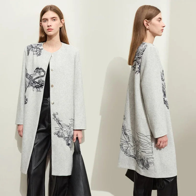 Damen Wollmantel im minimalistischen chinesischen Stil mit eleganter Stickerei