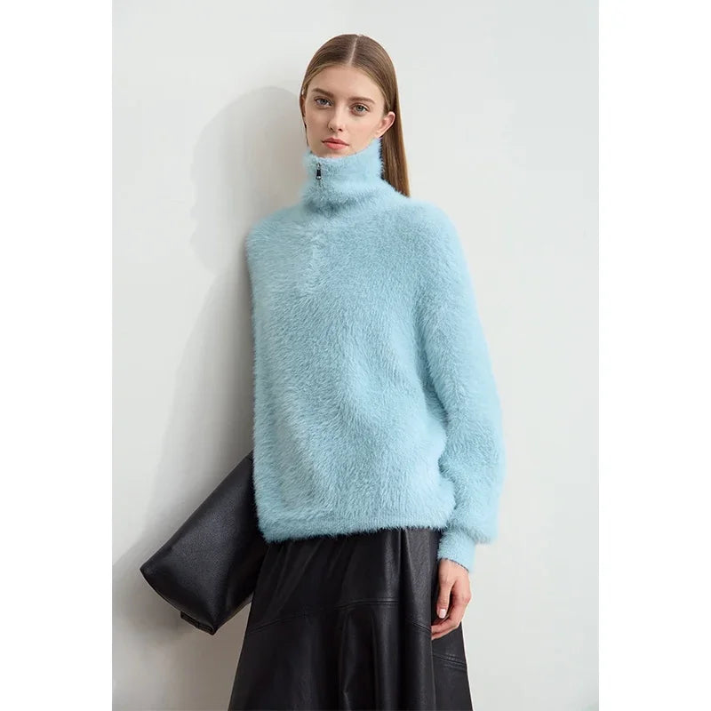 Flauschpullover für Damen, hellblau, hoher Stehkragen, locker sitzend, lange Ärmel