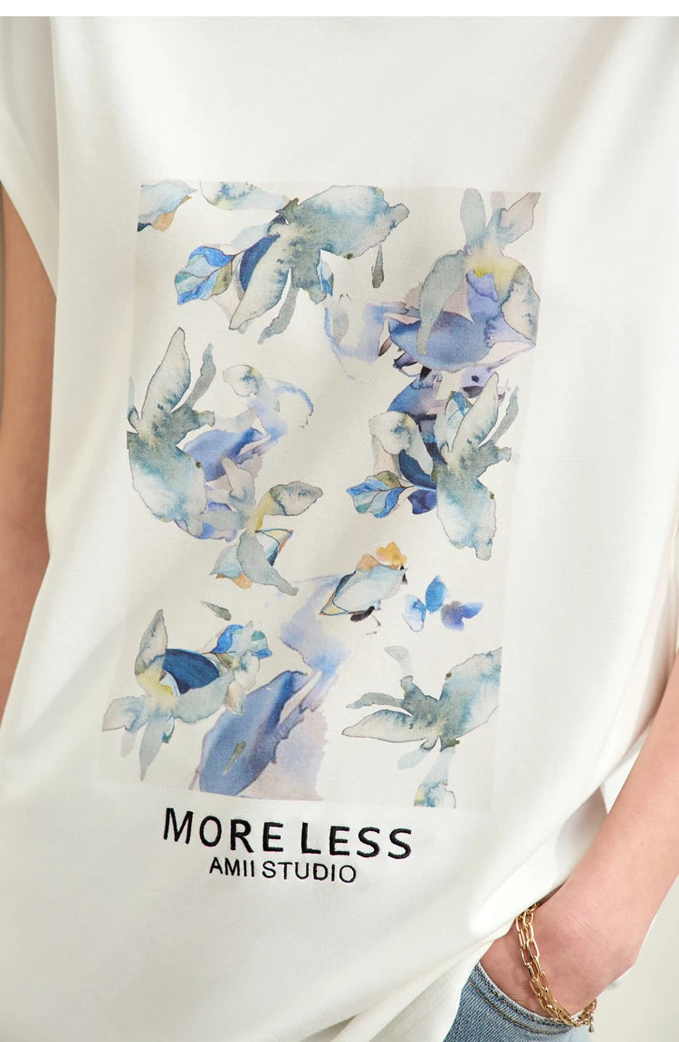 Damen T-Shirts im Minimalismus-Stil mit lässigem O-Neck und Blumen-Druck