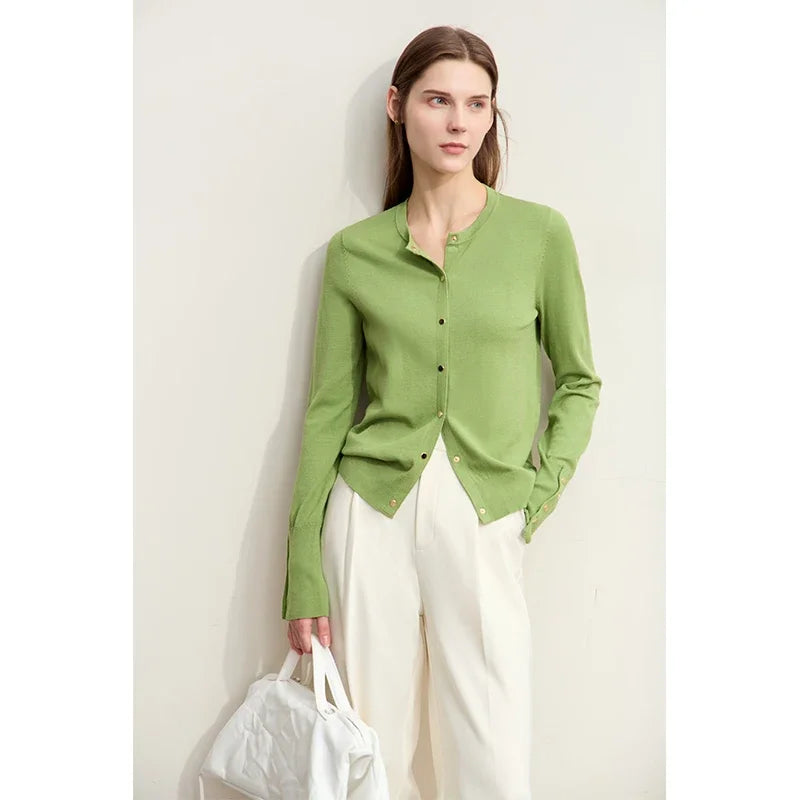 Damen-Strickjacke Rundhals Wolle Metallknopf französisch Büro Frühling