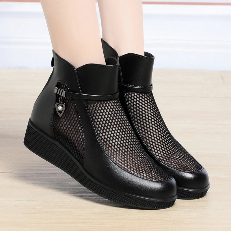 Damen Mesh Stiefel Plattform Echtes Leder