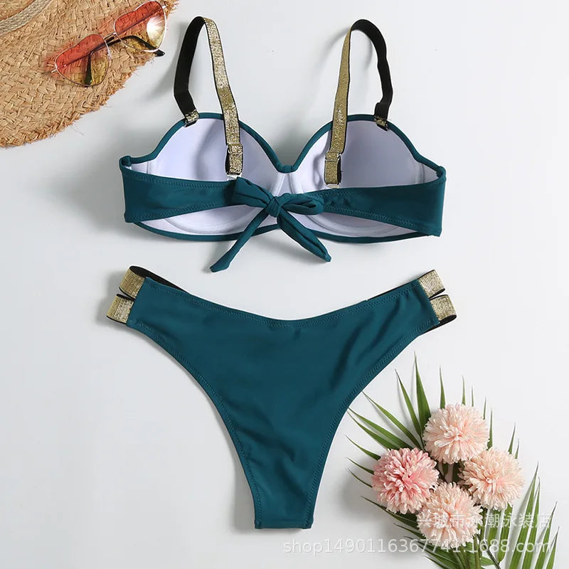 Sexy Bikini-Set in Rosenrot mit Strasssteinen – Push-Up-Badeanzug für Damen am Strand oder Pool