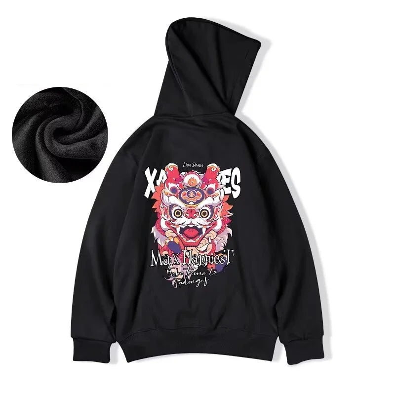 Winter Herren Lion Dance Grafik Pullover Hoodies Y2K Streetwear Fleece Mit Kapuze Sweatshirt Hip Hop Mode Übergroße Hoody Kleidung