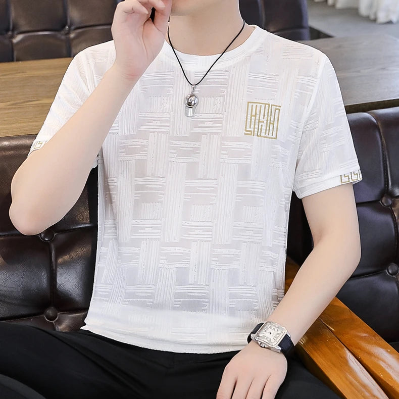 Herren T-Shirt aus Seide mit kurzem Arm und Streifen-Druck für Sommer