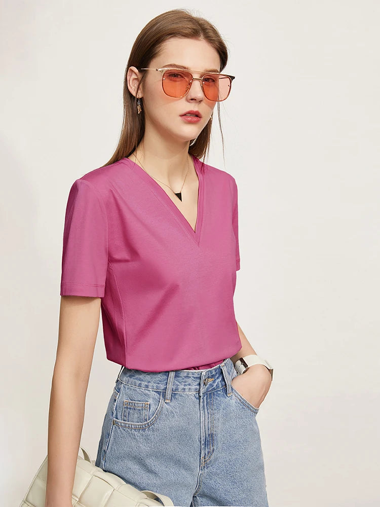 Damen Tops im Minimalismus-Stil mit V-Ausschnitt und kurzen Ärmeln