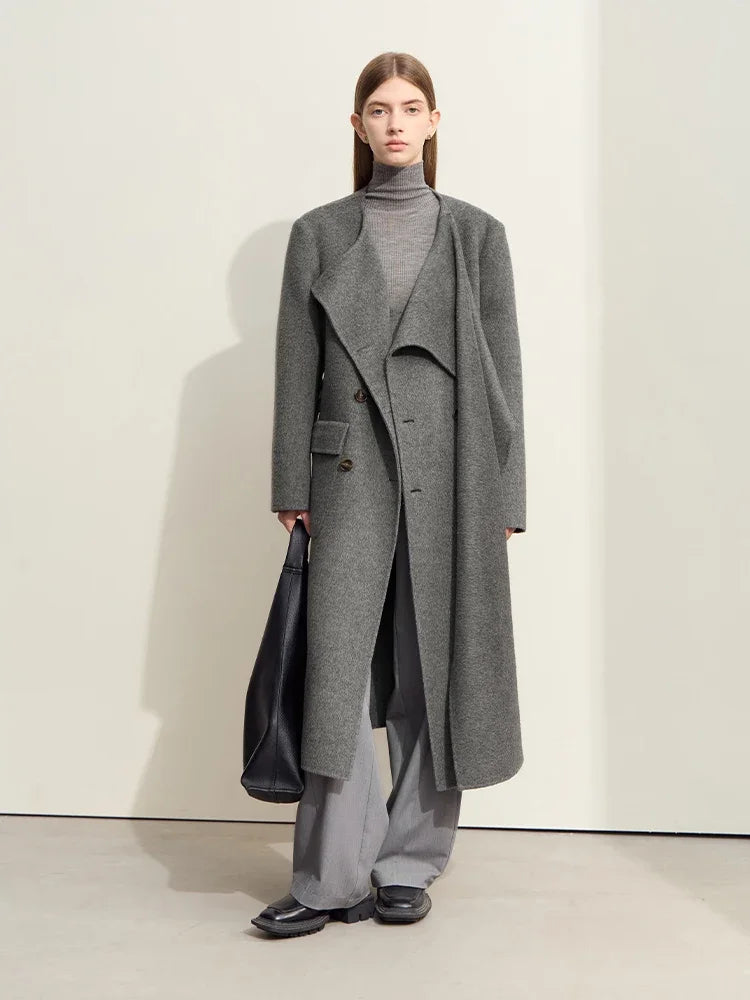 Damen Doppelseitiger Wollmantel mit asymmetrischem Schalkragen und Gürtel