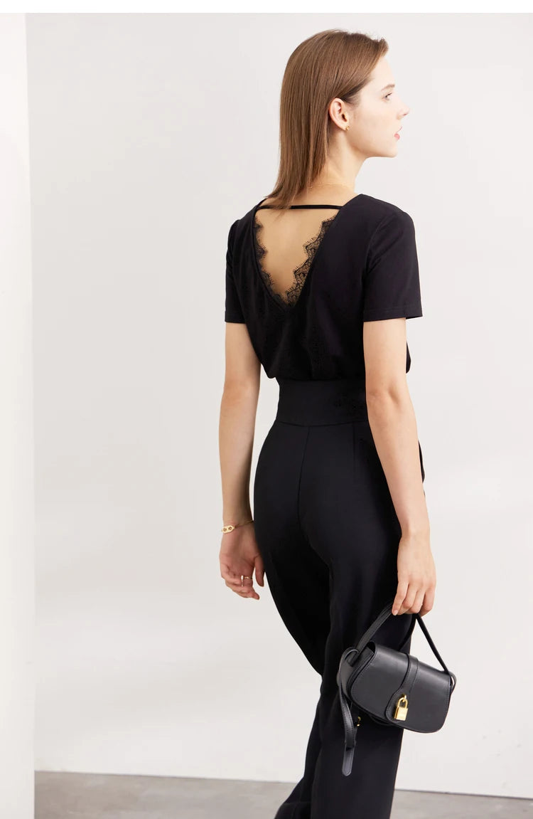 Damen T-Shirt aus mercerisierter Baumwolle mit V-Ausschnitt und Spitzen-Detail