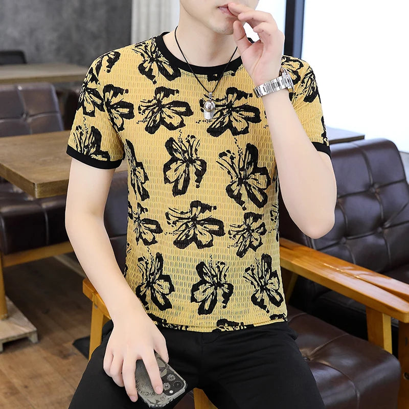 Herren T-Shirt mit Retro Blumen Druck aus atmungsaktiver Eis-Seide
