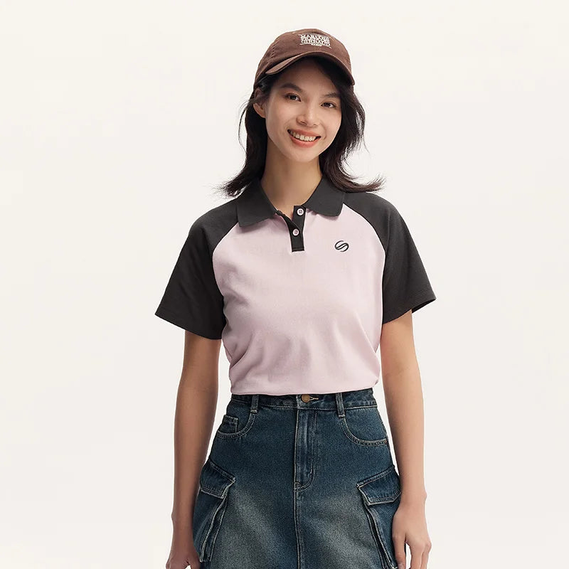 Semir Frauen Polos hirt Sommer neue Farbe Blocking Schulter fallende Ärmel American Retro Top strukturierte Kleidung Trend