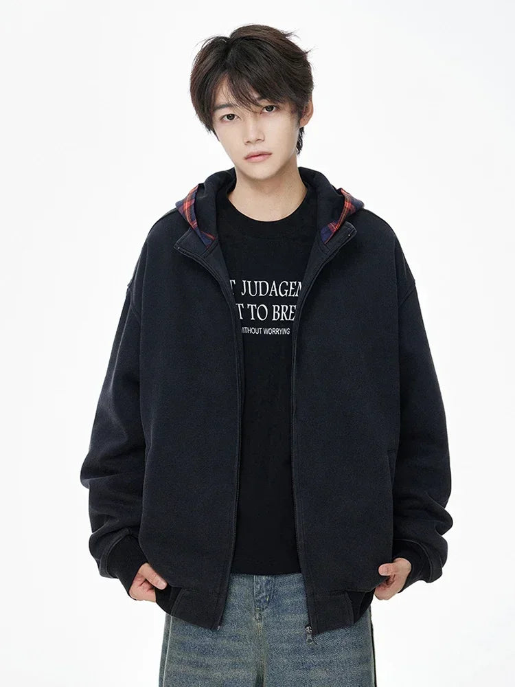 Herbst Plaid Zipper Mit Kapuze Sweatshirts Für Männer Y2K Vintage Streetwear Patchwork Jacken Weibliche Harajuku Mode Hoodies Mäntel