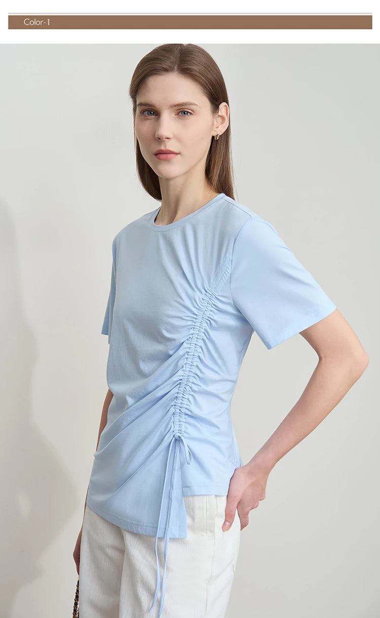Damen Sommer T-Shirt mit Rundhals und Kordelzug in lässiger Form