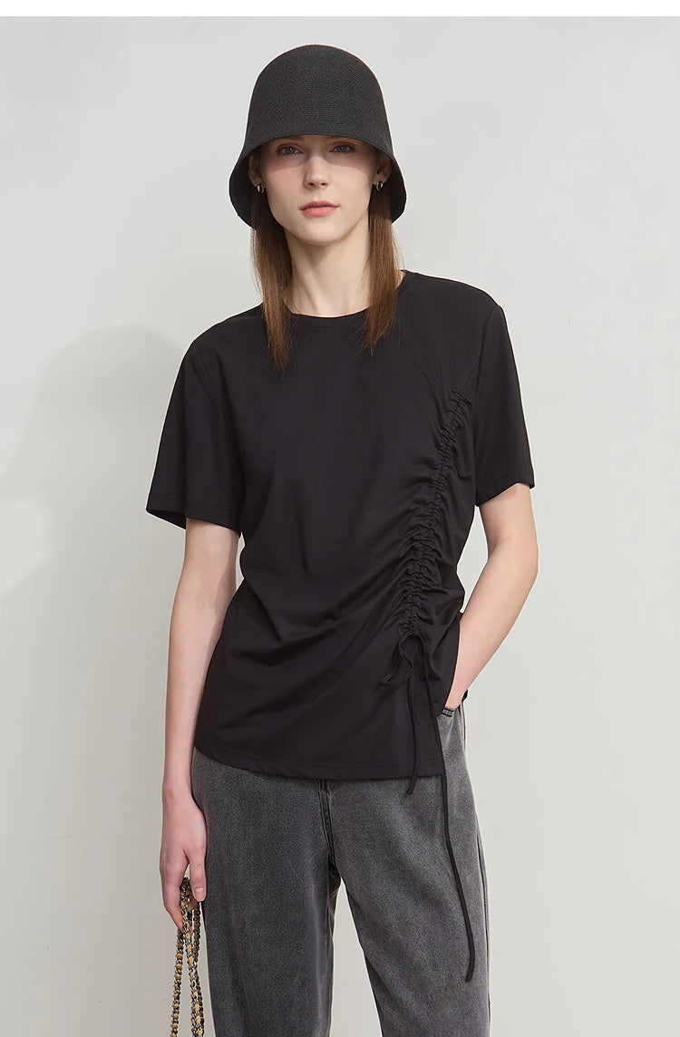 Damen Sommer T-Shirt mit Rundhals und Kordelzug in lässiger Form